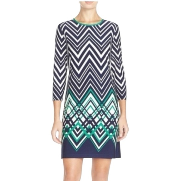 Eliza J Women’s Multicolor Chevron Print 3/4 Sleeve Stretch Sheath Dress Size 8 - Picture 1 of 8